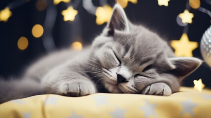 Cozy Christmas Cat Nap: Adorable Gray Kitten Resting in  Decorations