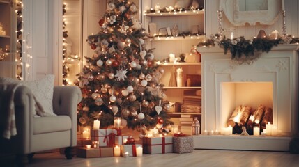 Fototapeta na wymiar Cozy Christmas Living Room with Tree, Garland, Candles, and Fireplace Decoration for Holiday Celebration