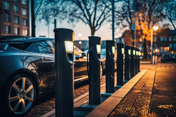 Efficient Urban Mobility Modern Fast Electric Vehicle Chargers Powering Cars in a Park. created with Generative AI