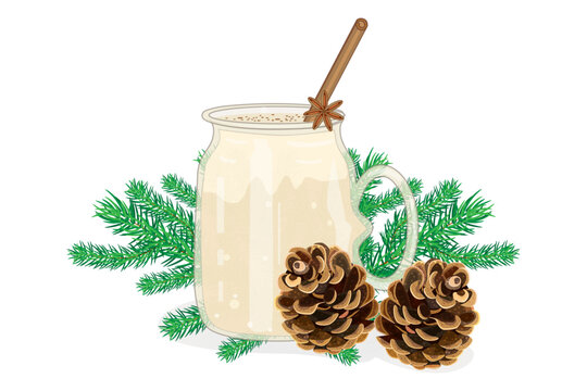 Eggnog, fir cone and twig on white background. Winter drink and christmas decoration.Pine branch and glass of eggnog with cinnamon stick.Cocktail with milk, cinnamon and clove star.Vector illustration
