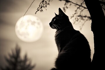 Cat gazing at bright moon amidst trees. Black feline silhouette. Nighty mystique monochrome concept. Design for canvas print, posters, advertising banner with copy space for text