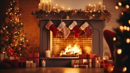 Cozy Christmas: Beautifully Decorated Fireplace with  Stockings, Candles, and Decorations in a Stylish Room Interior for the Ultimate Holiday Celebration.