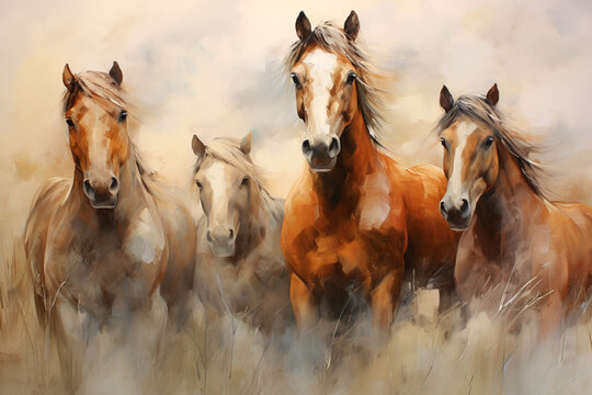Decorative painting of wild horses in the field