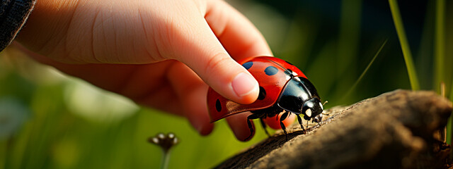 Naklejka premium Ladybug in the hand of a child. Generative AI,