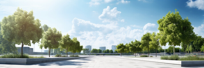 Modern public urban space in city park, green trees among concrete details