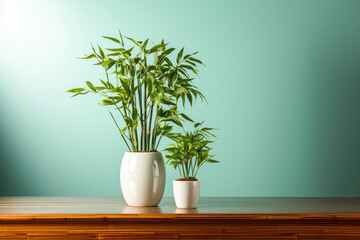 Two elegant bamboo plants in white ceramic pots against a calming turquoise backdrop on a wooden table.
