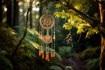 Mystical dreamcatcher hanging amidst a serene forest, with sun rays piercing through the vibrant green foliage. - Powered by Adobe