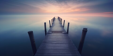 Obraz premium AI Generated. AI Generative. Dock wooden pier at sunset. Romantic relaxing vibe background. Graphic Art
