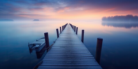 AI Generated. AI Generative. Dock wooden pier at sunset. Romantic relaxing vibe background. Graphic Art
