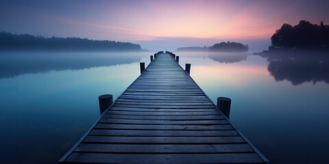 Obraz premium AI Generated. AI Generative. Dock wooden pier at sunset. Romantic relaxing vibe background. Graphic Art