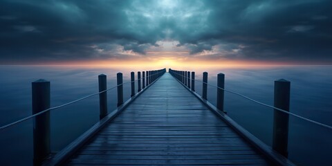 Fototapeta na wymiar AI Generated. AI Generative. Dock wooden pier at sunset. Romantic relaxing vibe background. Graphic Art