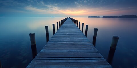 Obraz premium AI Generated. AI Generative. Dock wooden pier at sunset. Romantic relaxing vibe background. Graphic Art