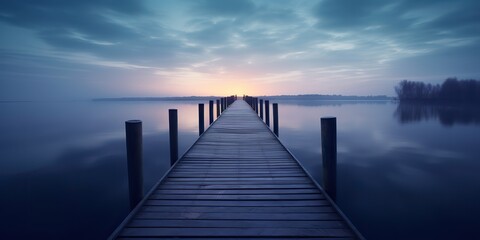 Obraz premium AI Generated. AI Generative. Dock wooden pier at sunset. Romantic relaxing vibe background. Lake outdoor peace landscape.