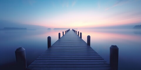 Fototapeta premium AI Generated. AI Generative. Dock wooden pier at sunset. Romantic relaxing vibe background. Graphic Art