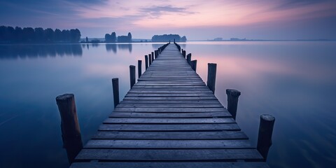 AI Generated. AI Generative. Dock wooden pier at sunset. Romantic relaxing vibe background. Graphic Art