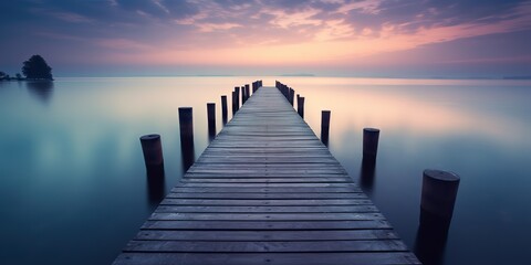 AI Generated. AI Generative. Dock wooden pier at sunset. Romantic relaxing vibe background. Graphic Art