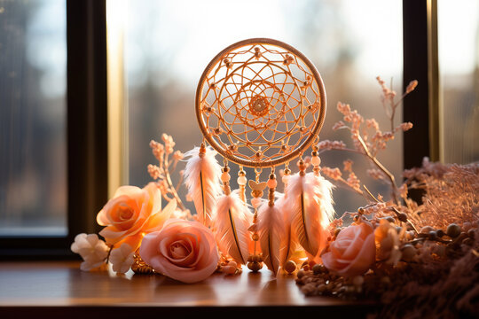 Elegant dreamcatcher beside roses bathed in soft morning sunlight, creating a serene and romantic home ambiance. - Powered by Adobe