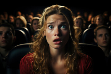 Shocked woman in cinema watching horror movie, front view portrait of scared young woman viewer sitting with open mouth and big eyes