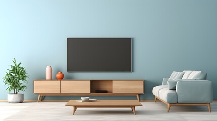 Blue sofa with tv on green or blue wall and wooden cabinet and coffee table, modern living room interior, generative AI.