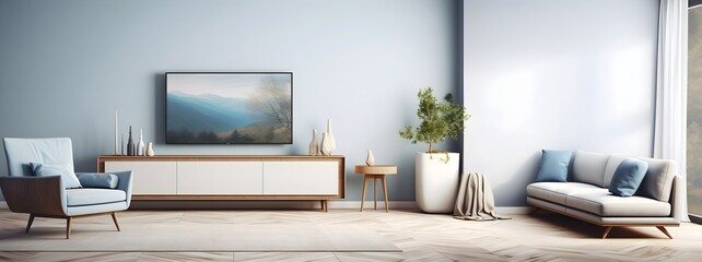 Wide modern living room with furniture's and art poster against light blue wall, generative AI.