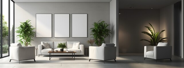 Modern living room with furniture's, coffee table and plants against white wall with 3 white empty  art posters and glass wall at the side, generative AI. 