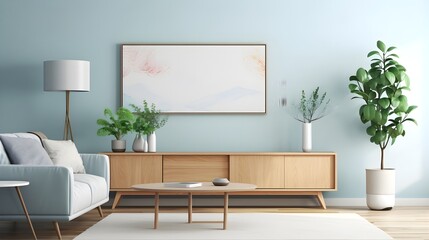 Modern living room with blue sofa against wooden cabinet and art poster on the wall, generative AI.