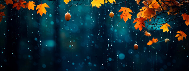 Autumn raindrops and leaves on the window. Generative AI, - obrazy, fototapety, plakaty