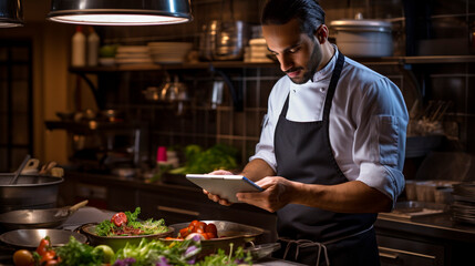 A restaurant chef orders food to the kitchen using a tablet. Generative AI,