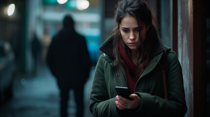 Sad woman with a mobile phone. Generative AI, - obrazy, fototapety, plakaty