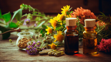 Supplements and flowers herbs alternative medicine. Generative AI, - obrazy, fototapety, plakaty