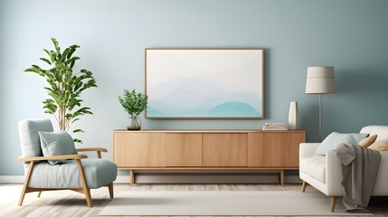 Simple living room with furniture's and art poster on the wall, generative AI. 