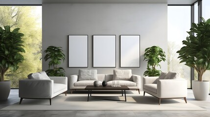 Modern living room with furniture's, coffee table and plants against white wall with 3 white empty  art posters, generative AI. 