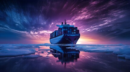 Ship carrying containers in the middle of Arctic sea, purple galaxy sky, sunrise, red ship, generative AI.