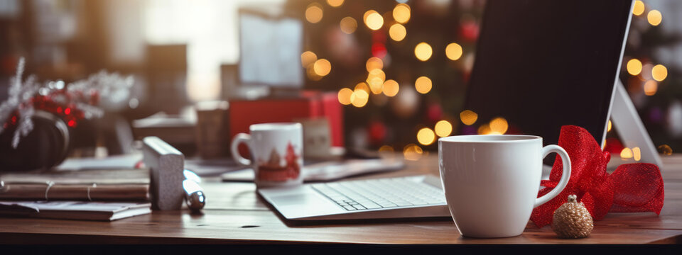 A neatly arranged desk with a computer, holiday decorations, and a hot cocoa mug. Festive banner concept. Generative Ai