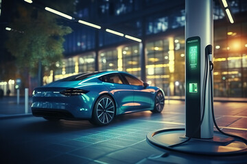 Efficient Urban Mobility Modern Fast Electric Vehicle Chargers Powering Cars in a Park. created with Generative AI