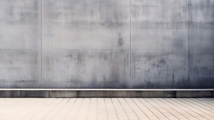 Gray large concrete wall made of several monolithic slabs over tiled sidewalk on urban street front...