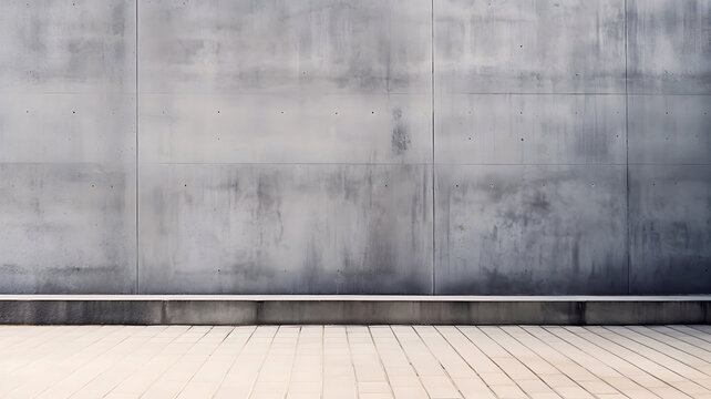 Gray large concrete wall made of several monolithic slabs over tiled sidewalk on urban street front view