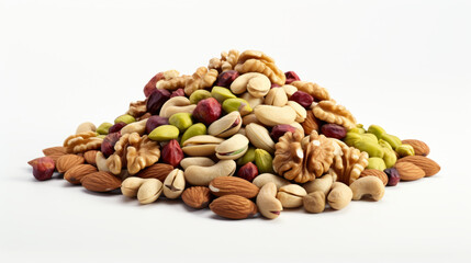 A scattering of mixed nuts on a white background, including almonds, walnuts, pistachios, peanuts and cashews