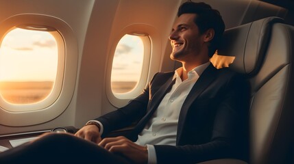 Business man in privet jet or normal plane smiling, in the morning, generative AI.  - obrazy, fototapety, plakaty