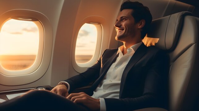 Business man in privet jet or normal plane smiling, in the morning, generative AI. 