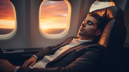 Businessman sleeping in the middle of trip at airplane against window with beautiful suns rise, generative AI.