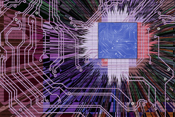 image of diverging symbolic rays in the center of which there is a pad with a printed circuit board