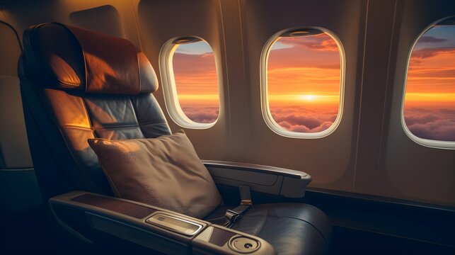 Nice leather empty chair in airplane in a trip across the ocean, generative AI. 