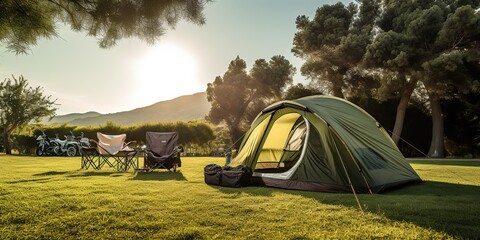 AI Generated. AI Generative. Outdoor nature camping tent on grass. Adventure rest background. Can be used for countryside hiking tour promotion