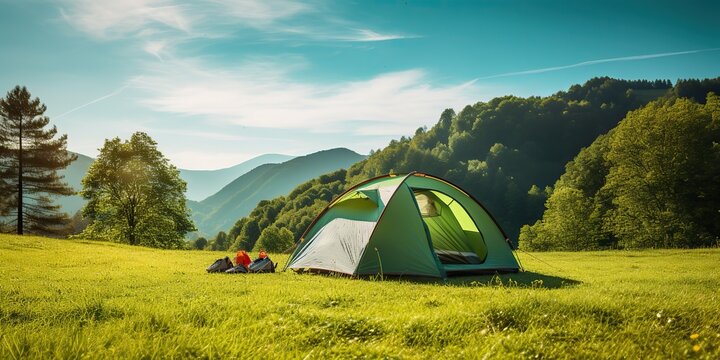 AI Generated. AI Generative. Outdoor nature camping tent on grass. Adventure rest background. Can be used for countryside hiking tour promotion