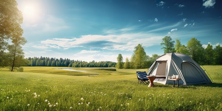 AI Generated. AI Generative. Outdoor nature camping tent on grass. Adventure rest background. Can be used for countryside hiking tour promotion