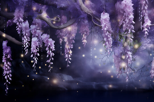 Whimsical Wisteria Plants Hanging From Tree, Fog and fairy lights, lightening bug fairy forest, purple fantasy wallpaper 