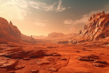 3D illustration of orange-red eroded Mars surface on a science fiction background. Generative AI - obrazy, fototapety, plakaty