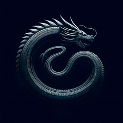 Dragon made of car tires. Motorcycle tire. Auto Racing Symbol. Tire tread texture. Dragon inscribed in a circle. Chinese dragon symbol of  year. On dark background.