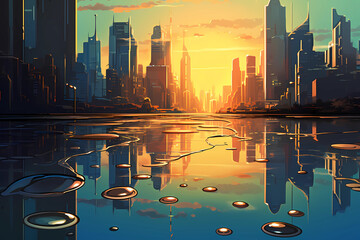Illustration of the New York City skyline at sunset - obrazy, fototapety, plakaty